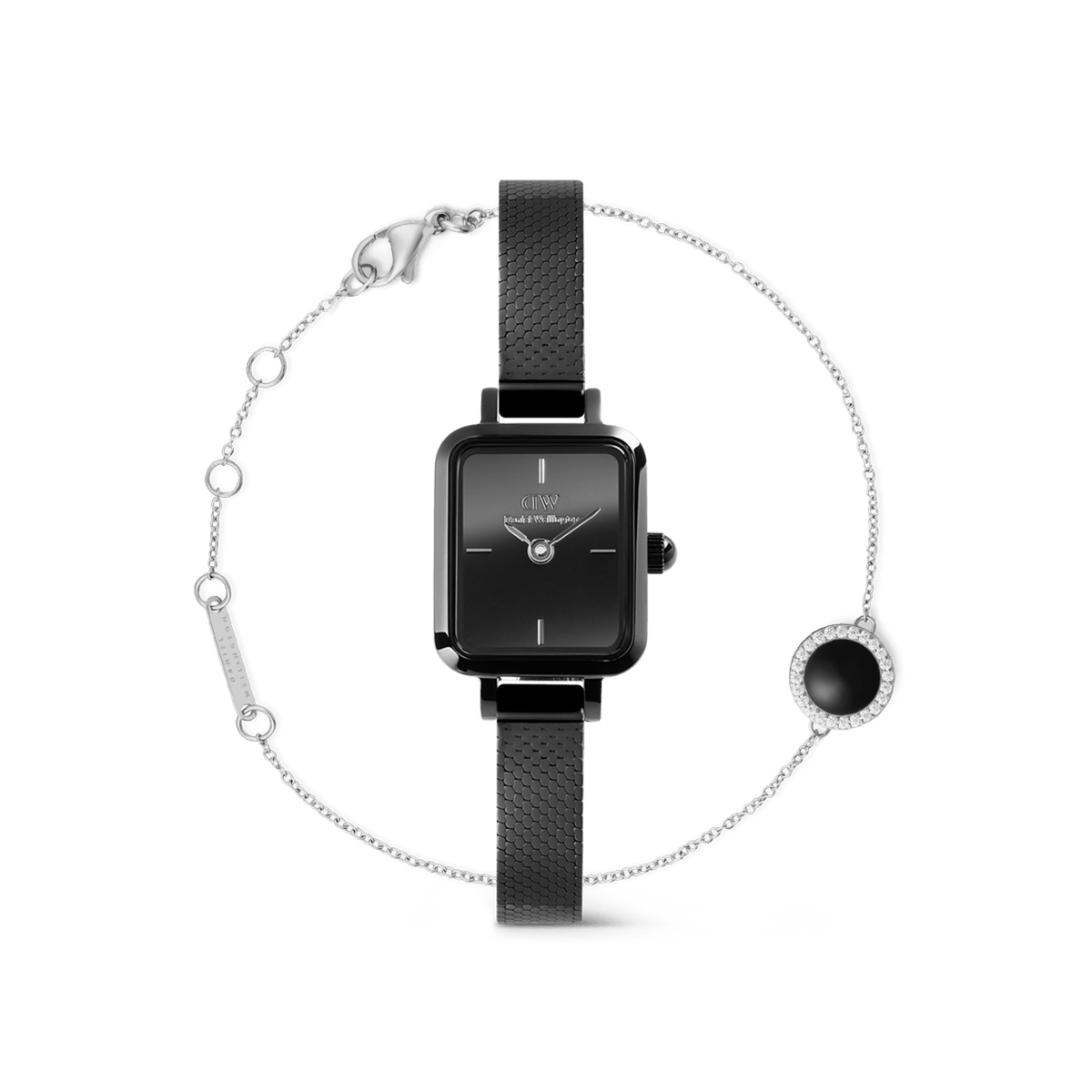 Quadro Mini & Audrey Black Set featuring a sleek rectangular black dial watch with a fine black mesh strap, paired with a delicate silver bracelet adorned with a black circular charm and crystal accents.