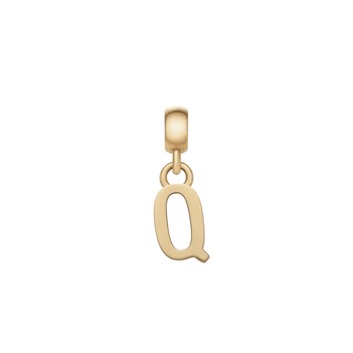 Gold letter Q charm with a smooth, polished finish and an adjustable clasp, designed for personalising bracelets or necklaces with a subtle, elegant touch.