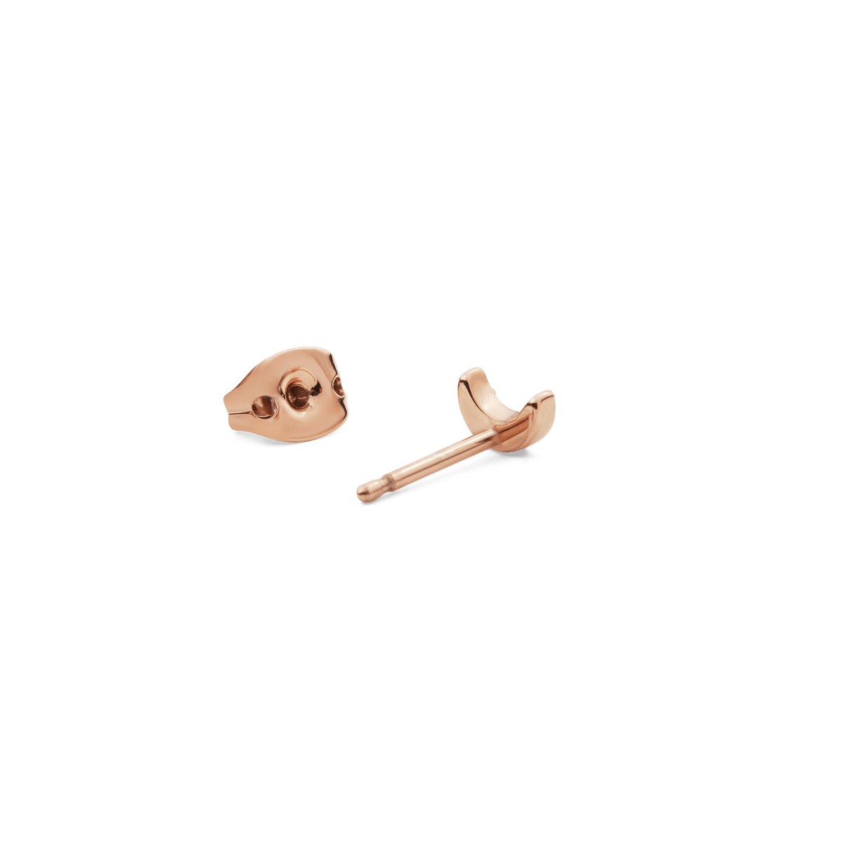 Back view of the Crystal Moon Stud Rose Gold earring showing the crescent moon shape, rose gold finish, and butterfly fastening.