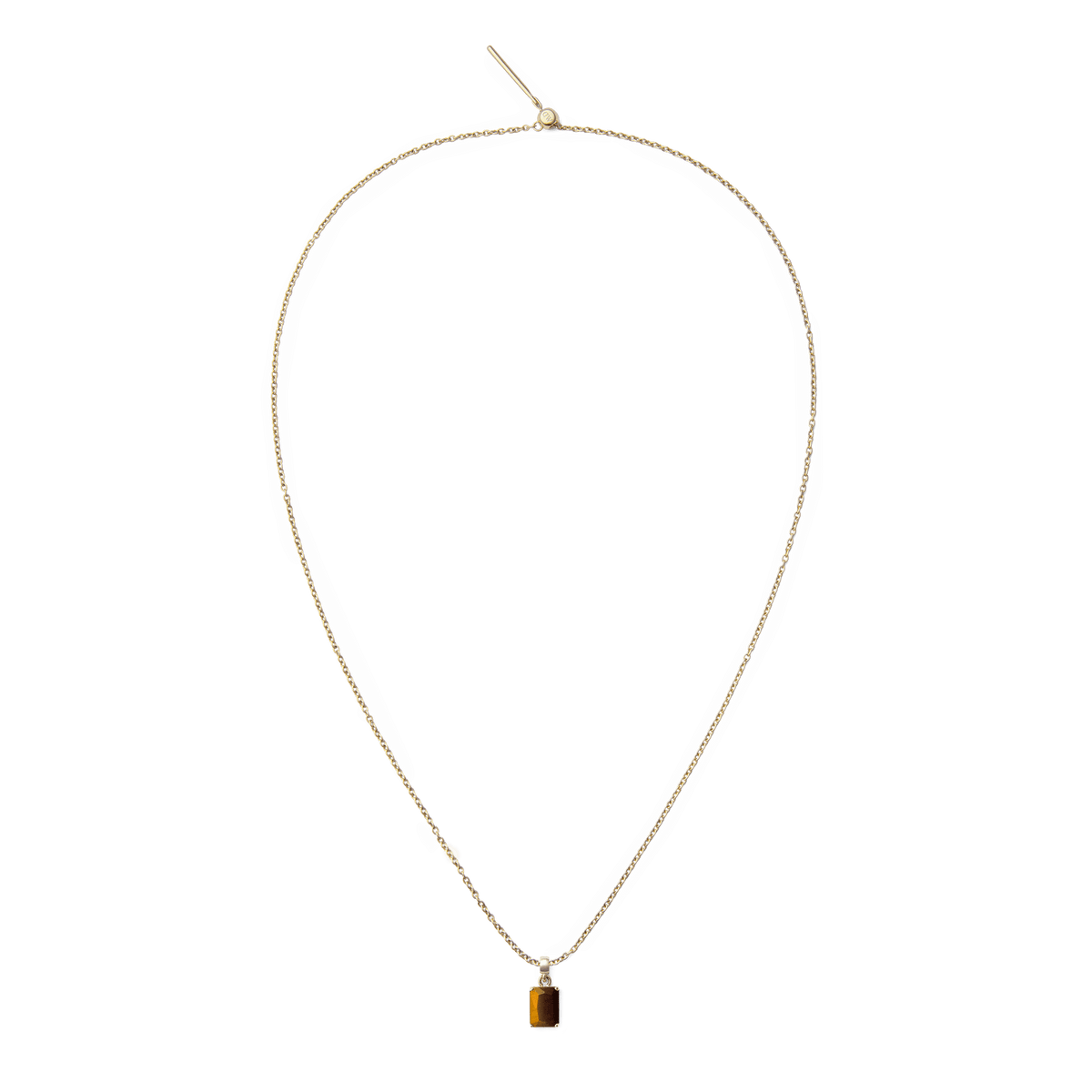 Delicate gold chain necklace featuring an octagonal tiger eye gold charm with a faceted golden-brown stone, offering a refined and modern jewellery accent.