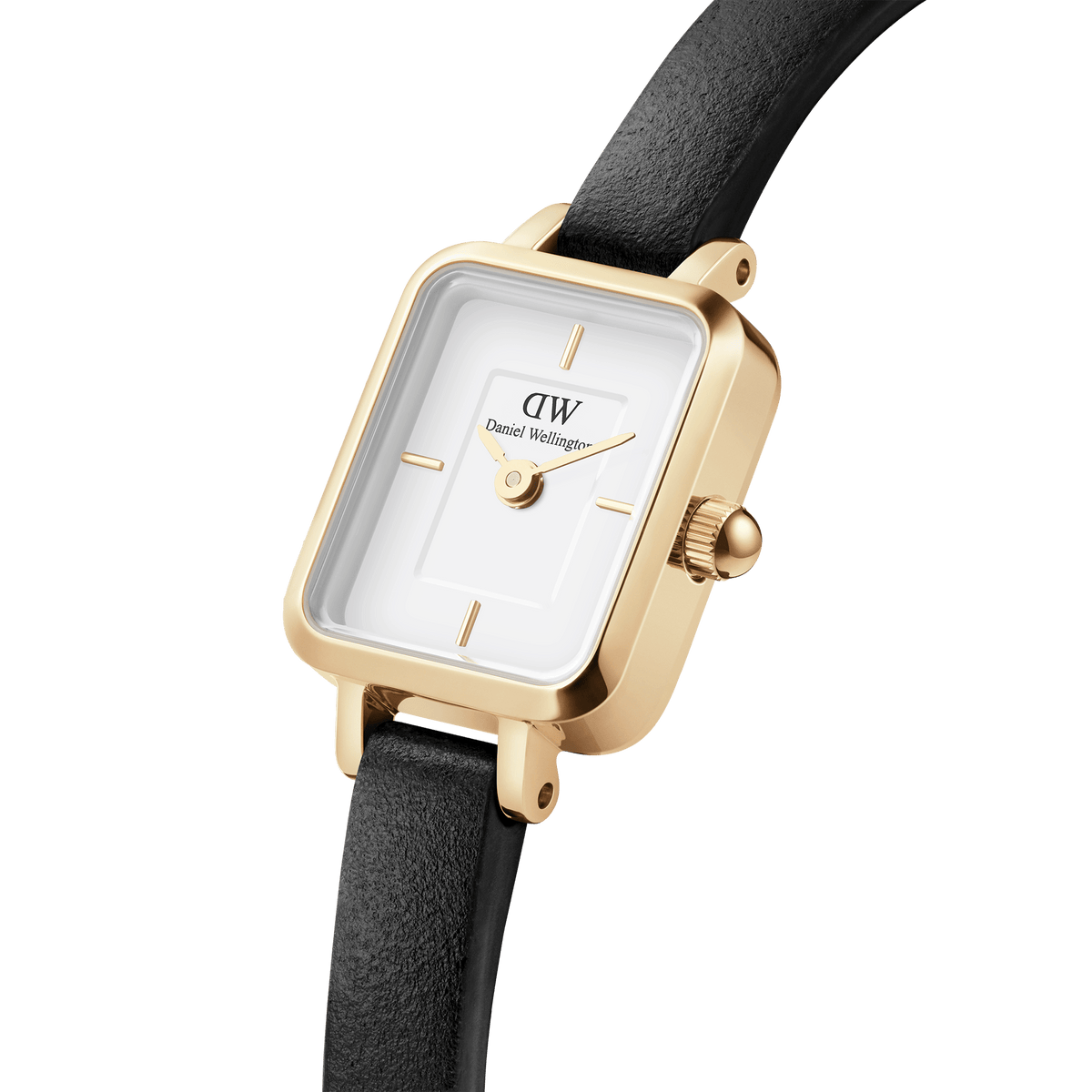 Quadro Mini Sheffield Gold women’s watch with rectangular gold case, white dial, and black leather strap, close-up angle.