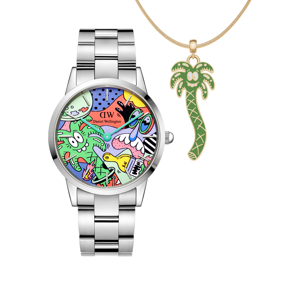Limited edition Daniel Wellington watch with a silver steel link strap and a multicolour Steven Harrington art dial, paired with a gold necklace featuring a playful green palm tree charm.