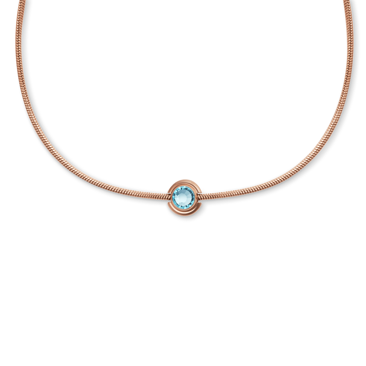 Rose gold necklace featuring the September Charm with a sapphire-toned blue crystal set in polished stainless steel at the centre.