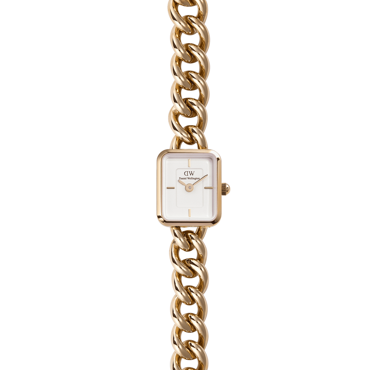 Jolie Chain Rose Gold women’s watch with a square white dial, polished rose gold case, and a chunky chain bracelet crafted from stainless steel, blending modern elegance with a statement jewellery style.
