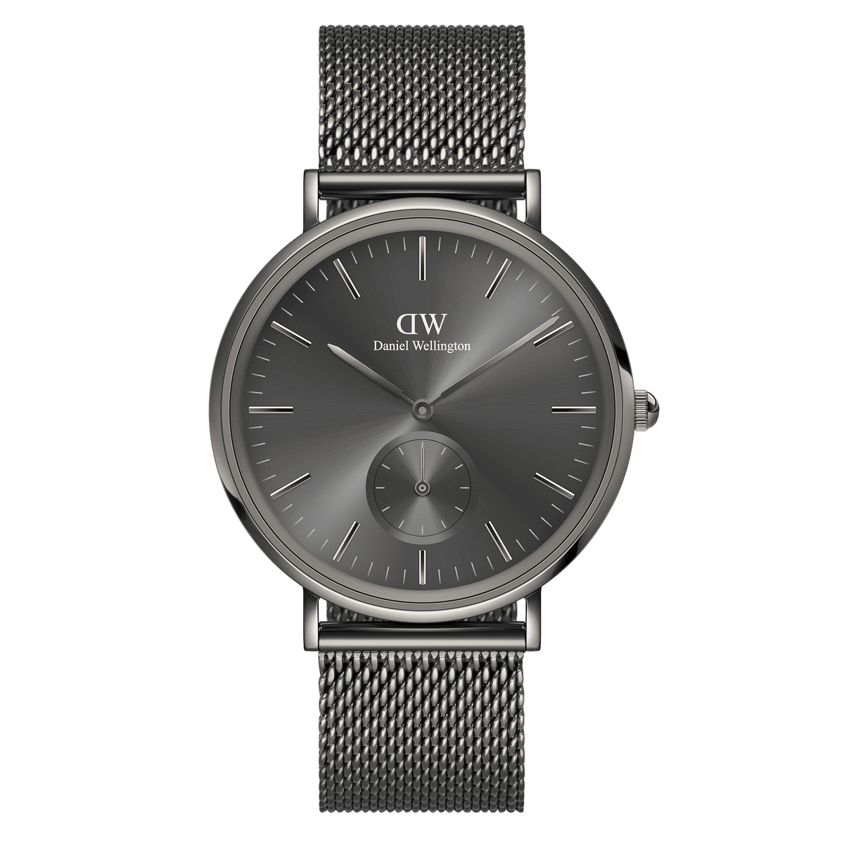 Graphite Daniel Wellington watch with a minimalist sunray dial, multi-eye display, and a matching graphite stainless steel mesh strap.