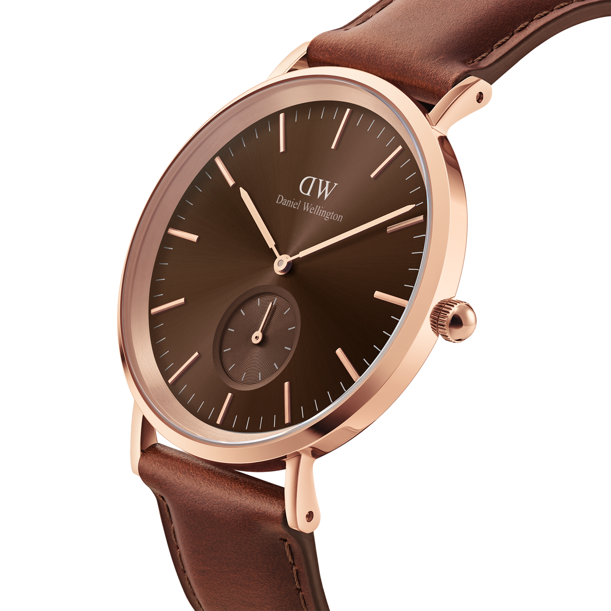 Daniel Wellington Classic Multi-Eye St Mawes Amber Rose Gold watch featuring an amber dial, rose gold stainless steel case, minimalist hour markers, and a brown leather strap.
