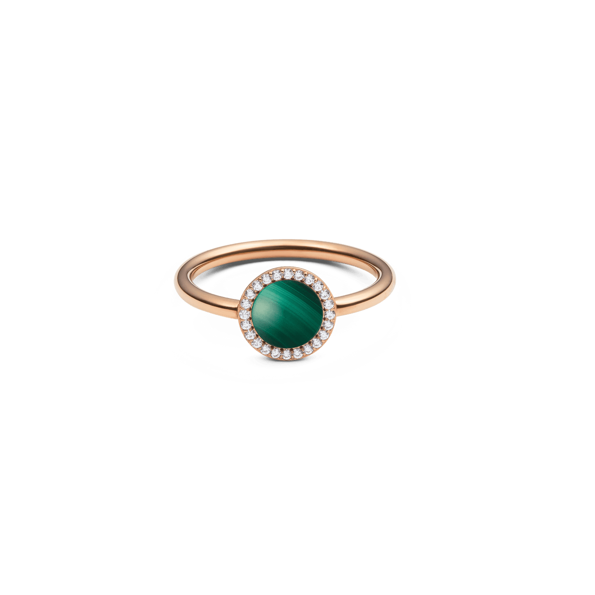 Rose gold ring with round green malachite centre, haloed by white cubic zirconia, elegant and modern jewellery design.