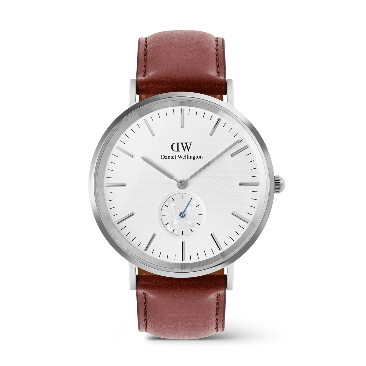 Classic men’s watch with an off-white sunray dial featuring a subtle triangular pattern, a blue-tipped sub-second hand, silver stainless steel case, and a brown leather strap.