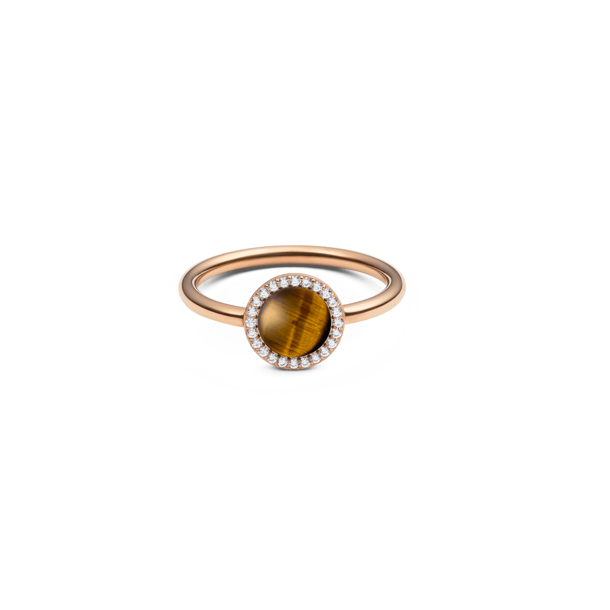 Rose gold ring with round tiger eye gemstone, haloed by white cubic zirconia, slender polished band, elegant design.