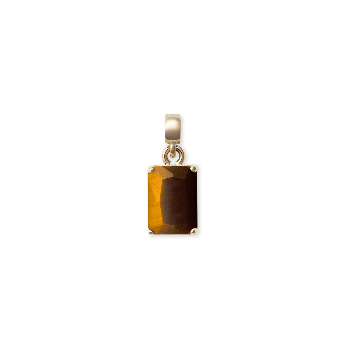 Octagonal gold charm featuring a faceted tiger eye stone with warm golden-brown tones, set in gold-plated stainless steel and designed for use on necklaces or bracelets.