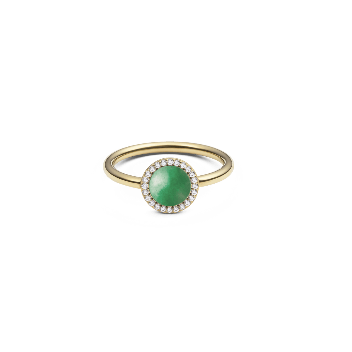 Gold ring with round green jade centrepiece, haloed by white crystals, slim band, elegant and timeless jewellery design.