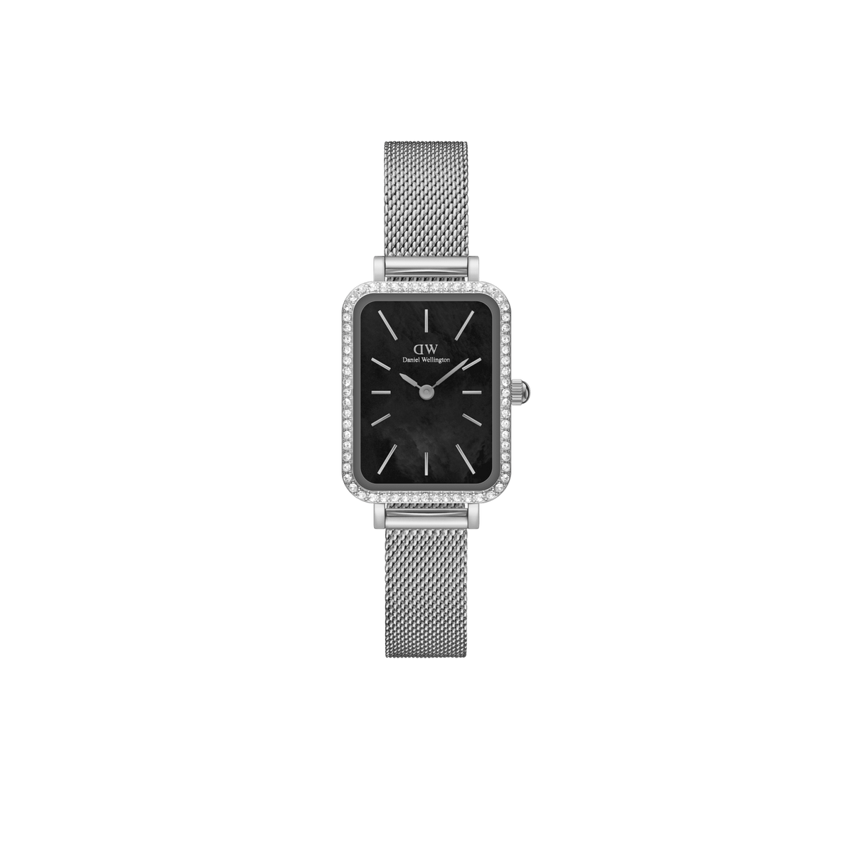 Sterling silver rectangular women’s watch with black mother of pearl dial, crystal bezel, and mesh strap by Daniel Wellington.
