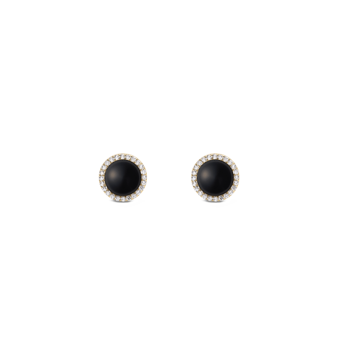 Pair of round gold stud earrings featuring domed black agate centres, each surrounded by a halo of sparkling white cubic zirconia crystals.