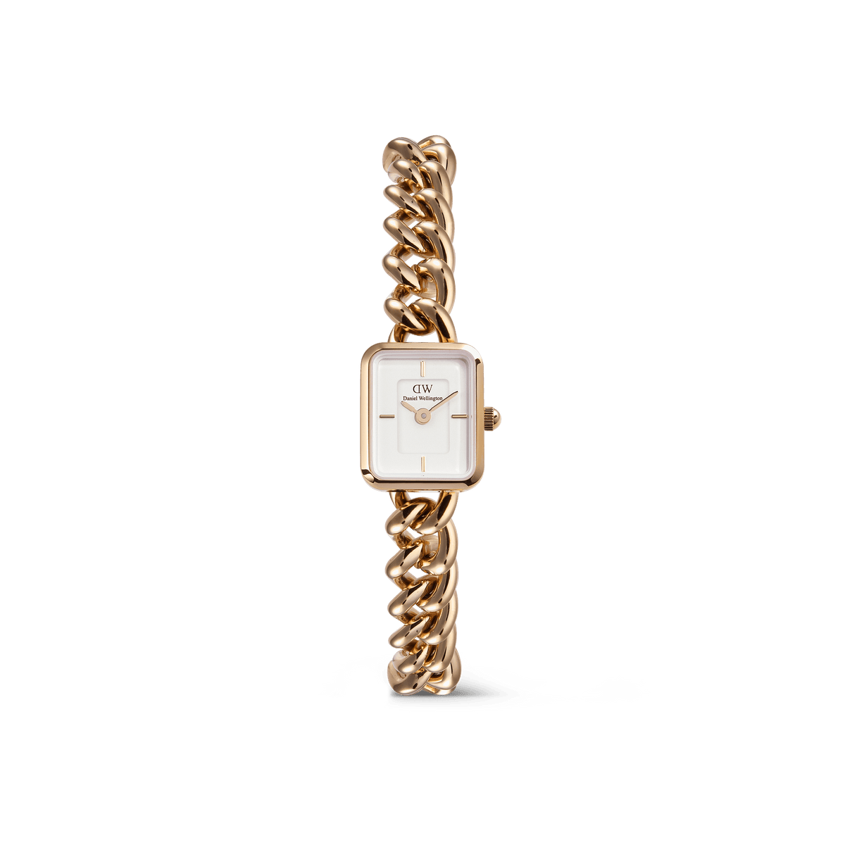 Rose gold women’s watch featuring a square white dial and a bold, chunky chain bracelet, crafted from polished stainless steel for a modern, elegant look.