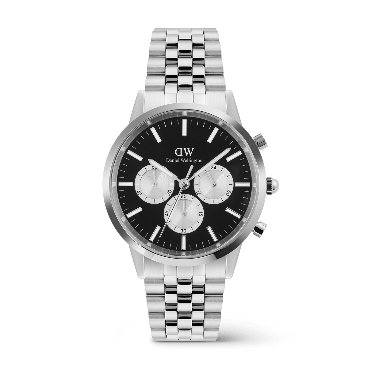 Stainless steel Daniel Wellington chronograph watch featuring a black