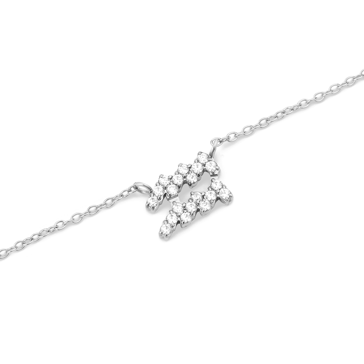 Close-up of the Crystal Zodiac Chain Necklace Silver featuring an Aquarius pendant embellished with sparkling hand-set crystals on a fine silver chain.