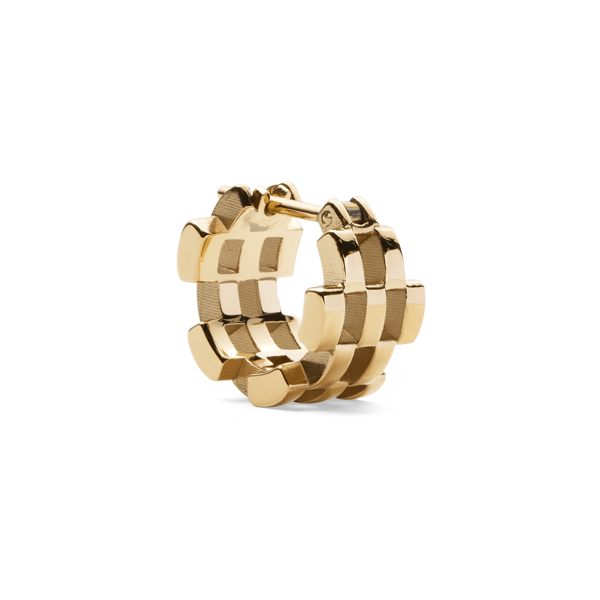 Single gold 5-link earring with a geometric, interlocking design and polished finish, inspired by classic watch straps.