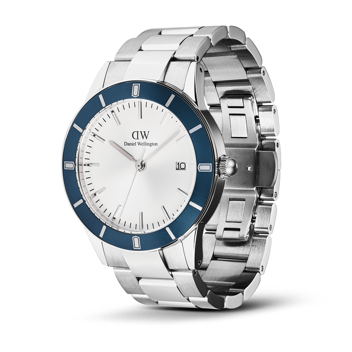 Daniel Wellington Iconic Paradigma Link Blue Bezel men’s watch with a brushed and polished stainless steel bracelet, bold blue aluminium bezel, and a crisp white dial featuring minimalist index markers and a date window.