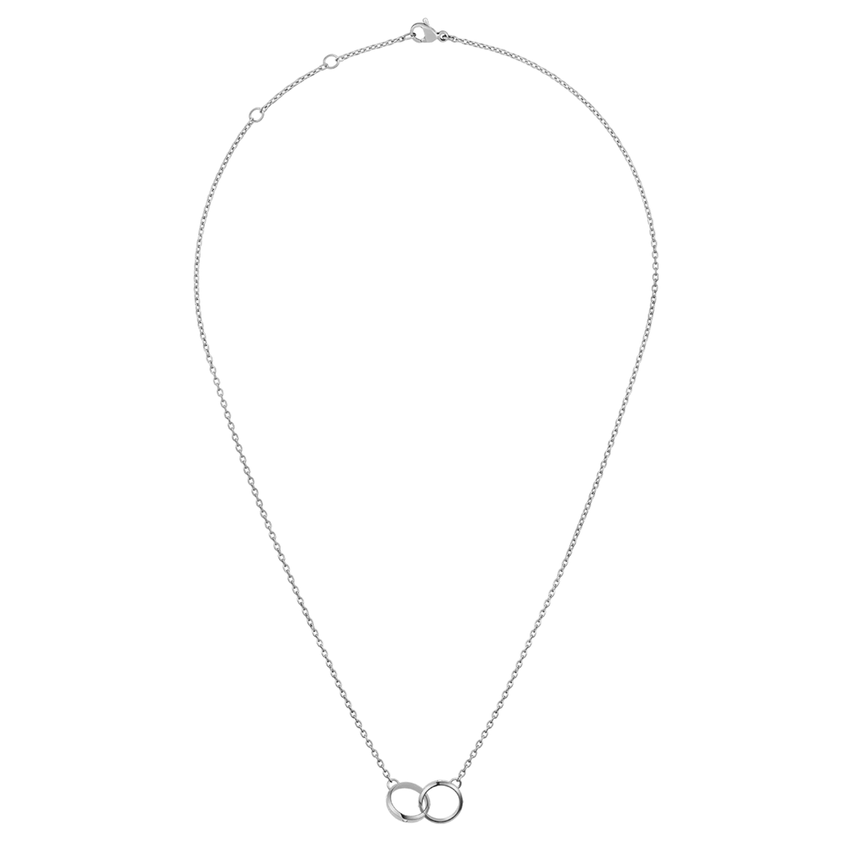 Classic Lumine Unity Silver necklace featuring a fine adjustable chain and two interlocking polished silver rings as the centrepiece.
