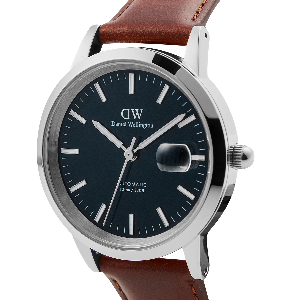 Close-up of the Iconic St Mawes Automatic Silver watch featuring an arctic blue enamel dial, polished stainless steel case, magnified date display, and a brown Italian leather strap.