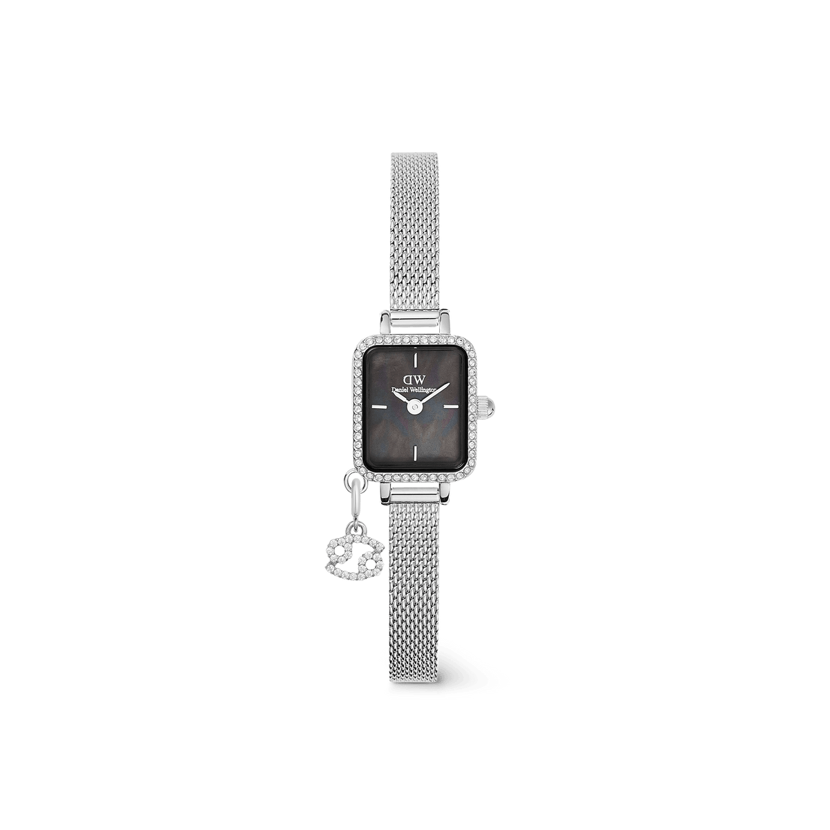 Rectangular women’s watch with a black mother of pearl dial, crystal-set bezel, and a silver mesh strap, featuring a removable zodiac charm for a personalised touch. The elegant design is lightweight and refined, ideal for everyday wear or special occasions.