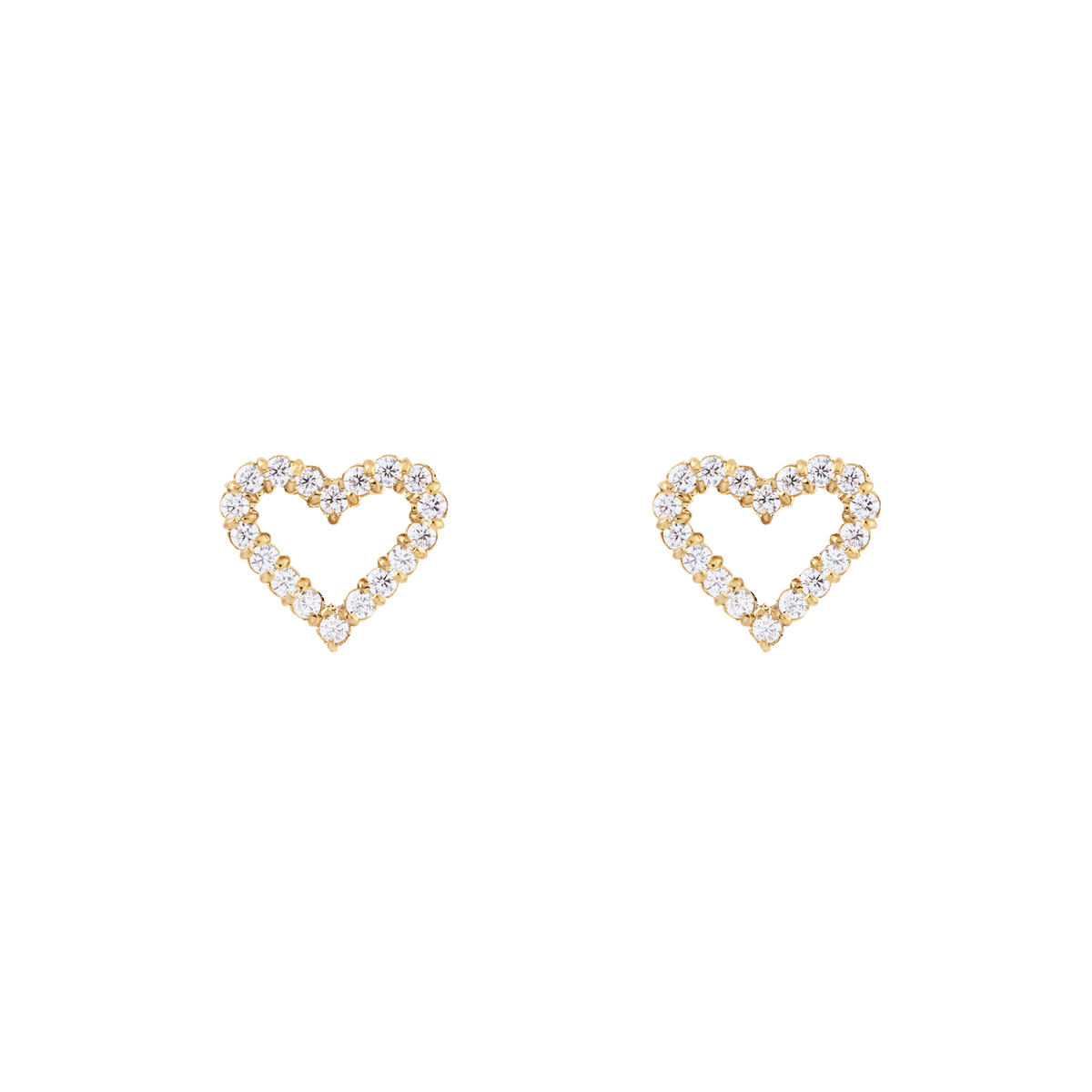 Pair of Mirelle Heart Earring Gold studs featuring open-heart shapes crafted from gold-toned stainless steel, each set with sparkling white cubic zirconia crystals in a pavé setting.