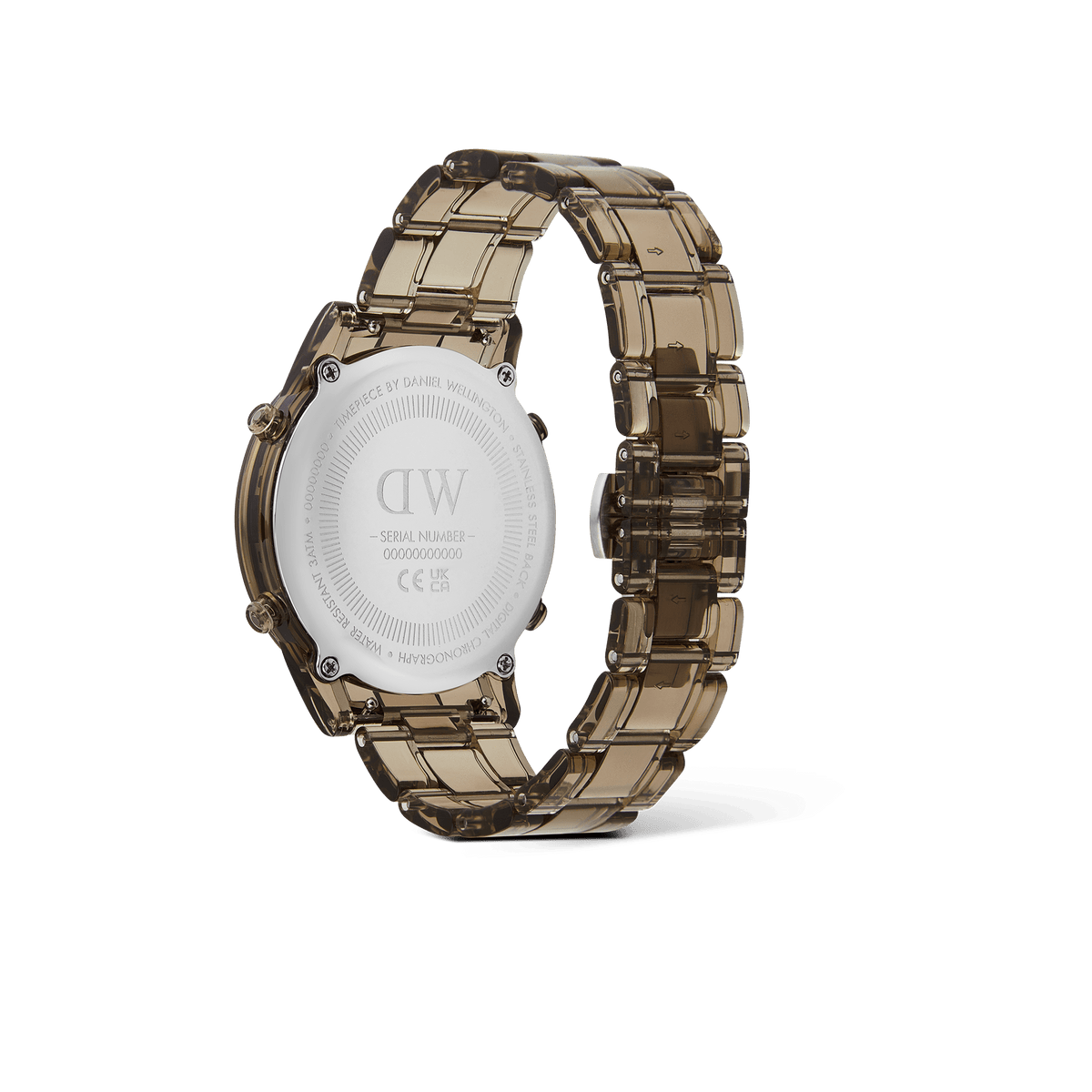 Back view of the Daniel Wellington Retro Digital Dark Brown watch, highlighting the engraved stainless steel case back and transparent brown bio-based plastic strap.