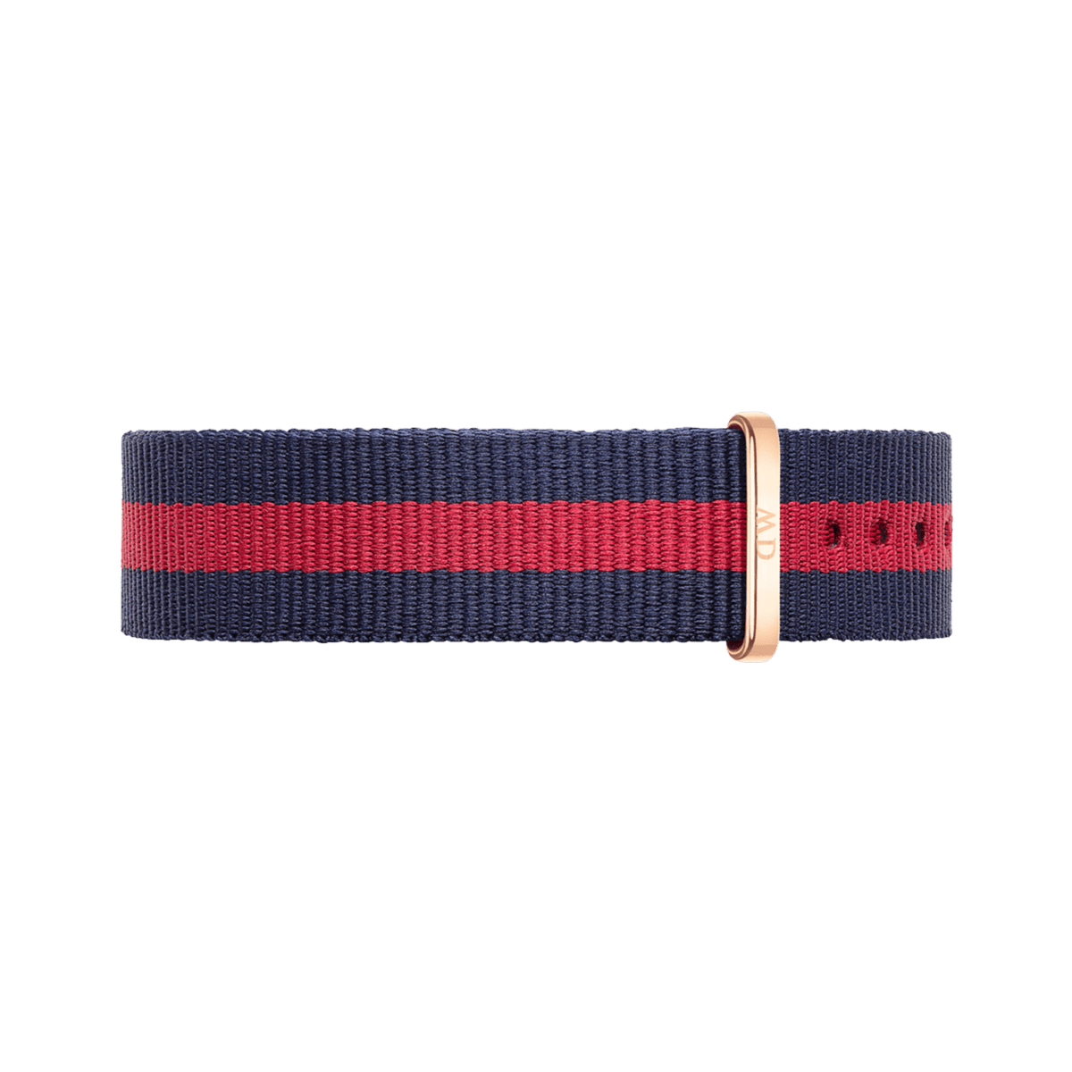 Oxford Strap Rose Gold nato watch strap featuring a navy and red striped design with a rose gold buckle, made from durable polyester for Daniel Wellington watches.