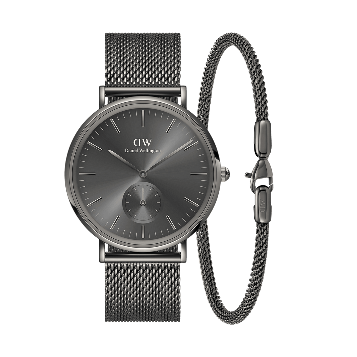 Daniel Wellington Classic Multi Eye Mesh Graphite watch with a round graphite dial and matching mesh strap, paired with a coordinating mesh bracelet, both featuring a sleek, modern graphite finish.