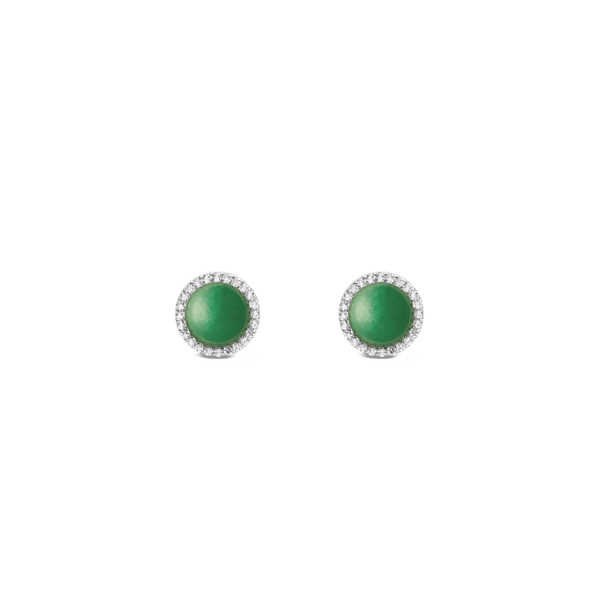 Silver stud earrings with round green jade centre and cubic zirconia halo, Daniel Wellington Audrey collection.