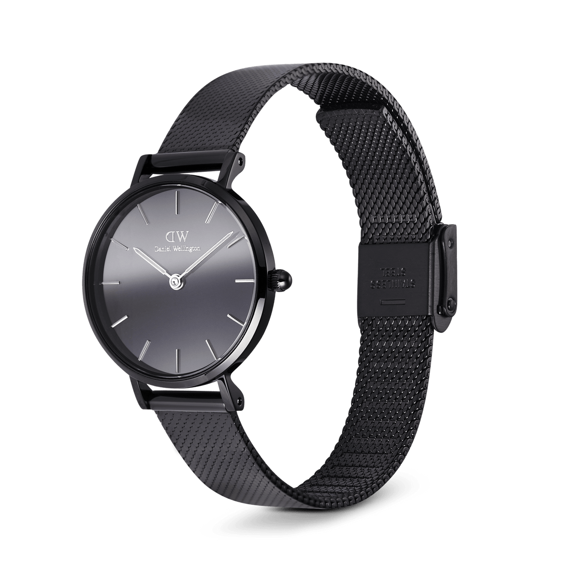 Daniel Wellington Petite Reflection Black watch with a real mirror glass dial, minimalist silver markers, and a fully polished black mesh strap with clasp buckle, shown at an angle to highlight its refined design.