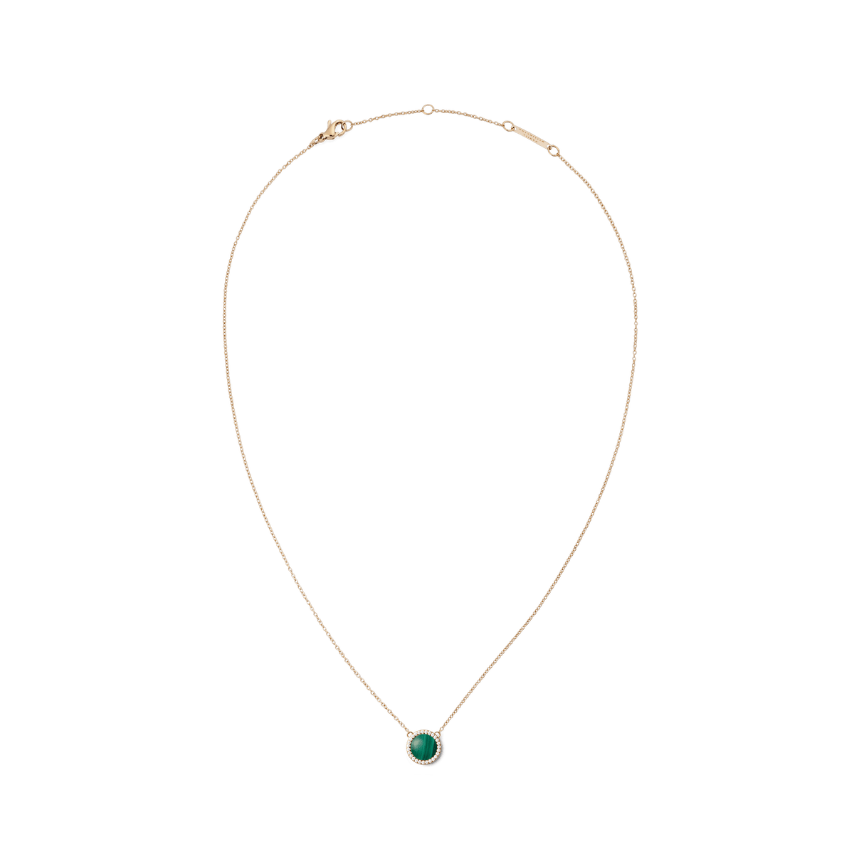 Rose gold necklace featuring a fine chain and a domed green malachite pendant, accented with a delicate border of white cubic zirconia crystals. The adjustable chain and secure clasp add a refined, contemporary touch.