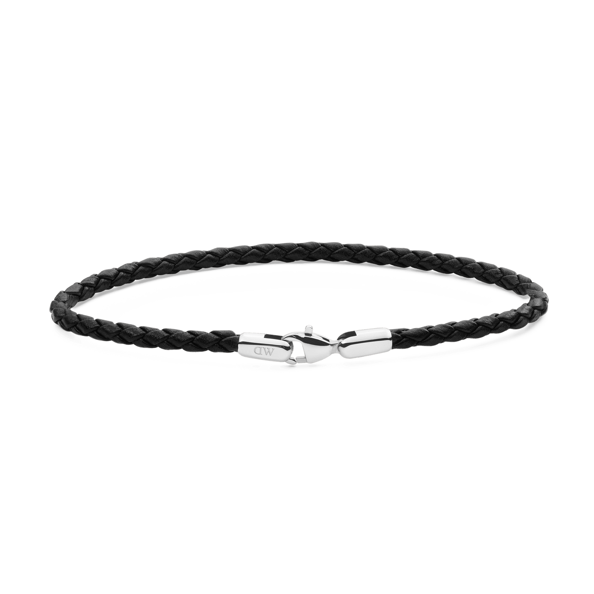 Slim black braided leather bracelet with a polished silver-tone lobster clasp, featuring a minimalist unisex design ideal for everyday wear or layering with a watch.