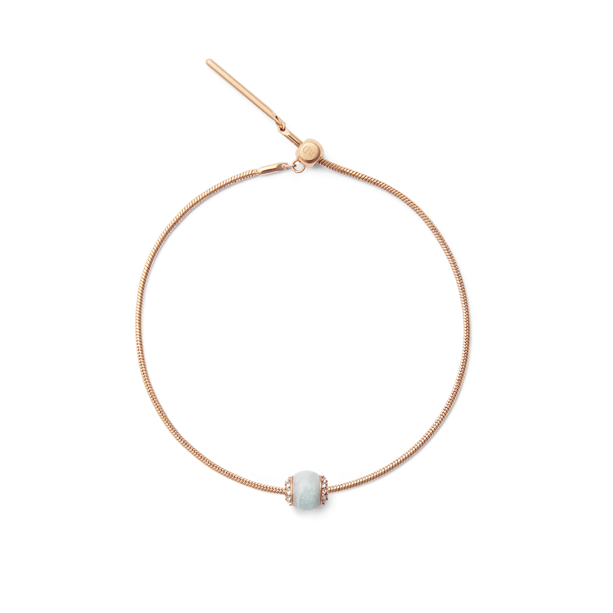 Rose gold snake chain bracelet featuring an amazonite crystal orb charm with a calming blue-green stone and sparkling white crystal accents, designed for a refined, modern look.