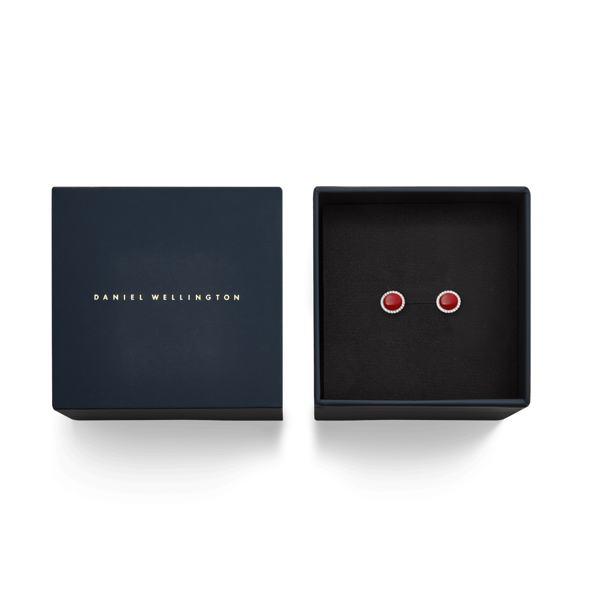 Audrey Earrings in red agate and silver with crystal halo, presented in a Daniel Wellington gift box, elegant jewellery gift.