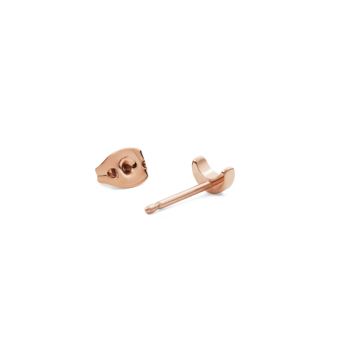 Moon Stud Rose Gold earring shown with its butterfly back, highlighting the petite crescent moon shape and polished rose gold finish.