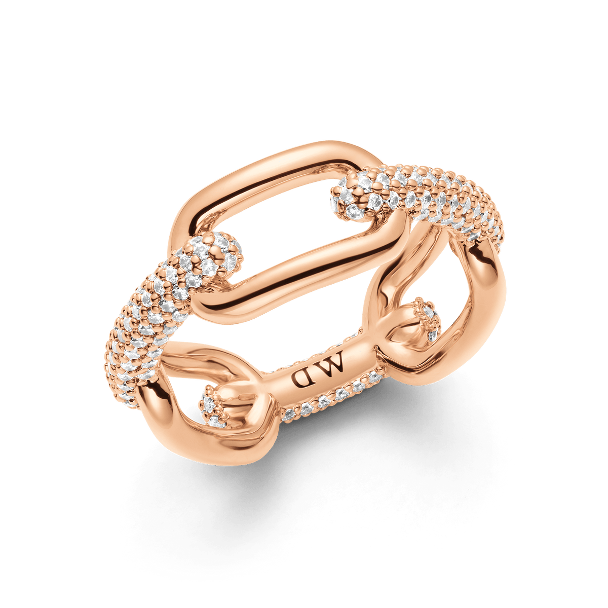 Chunky rose gold chain link ring featuring polished interlocking links, partially encrusted with sparkling cubic zirconia crystals for a modern, elegant finish.