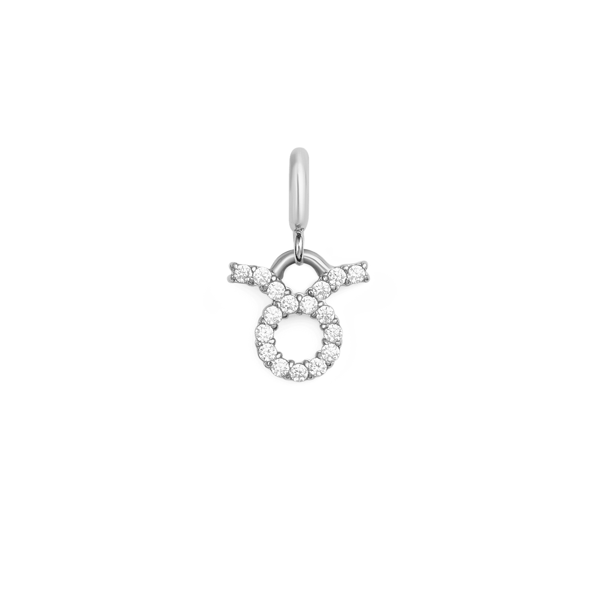 Taurus zodiac watch charm in polished silver stainless steel, featuring the Taurus symbol adorned with cubic zirconia crystals in an elegant claw setting.