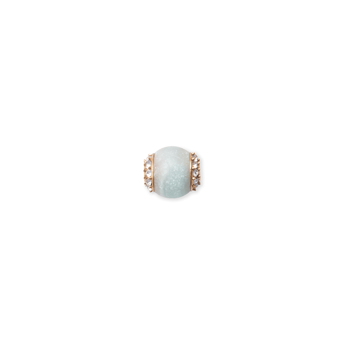 Amazonite crystal orb charm with a soft blue-green stone, framed by rose gold-toned stainless steel and accented with sparkling white crystals on each side. Ideal for adding a refined, calming touch to bracelets or necklaces.