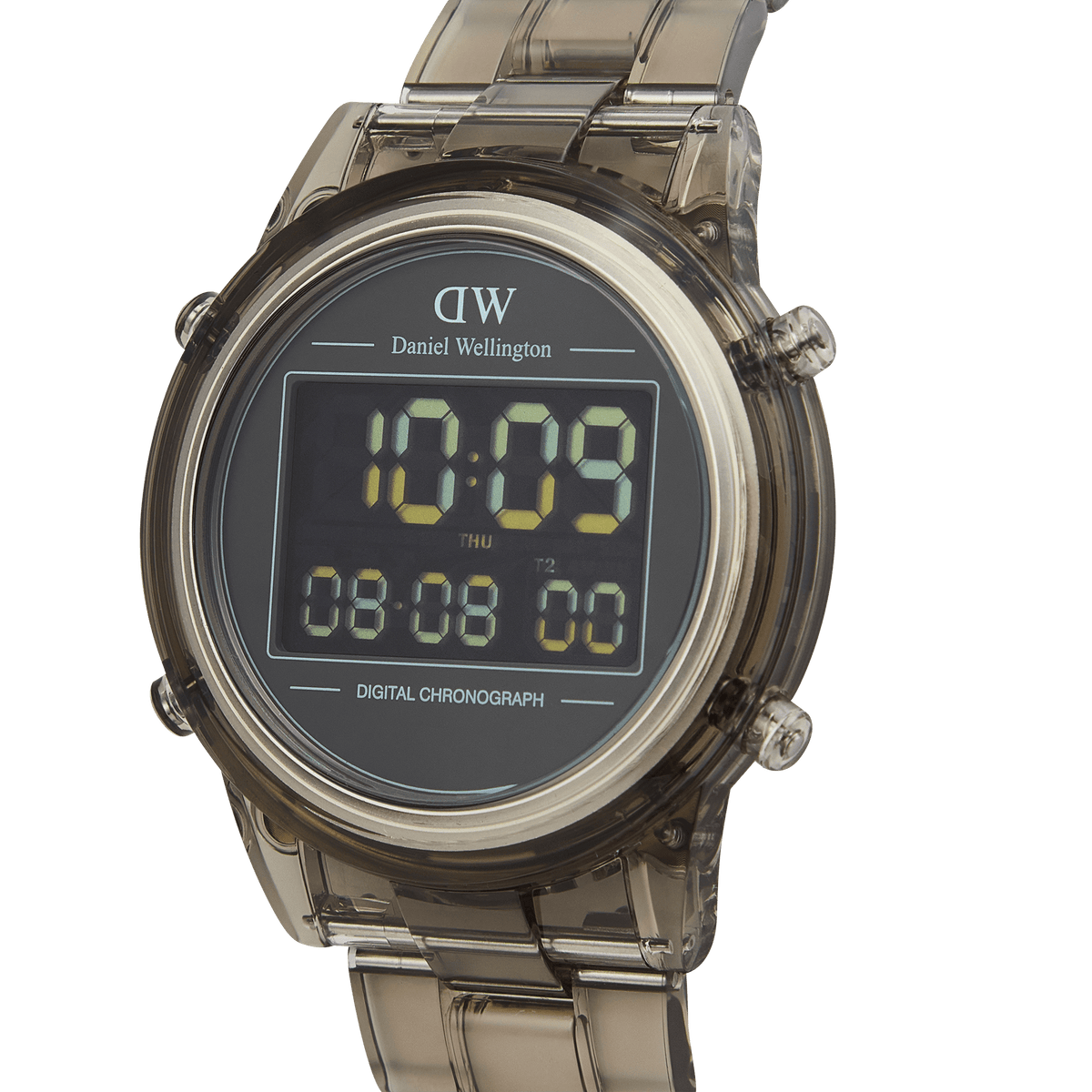 Daniel Wellington Retro Digital Light Grey watch with a transparent bio-based plastic case, light grey link strap, and a black digital dial showing dual time and chronograph features.