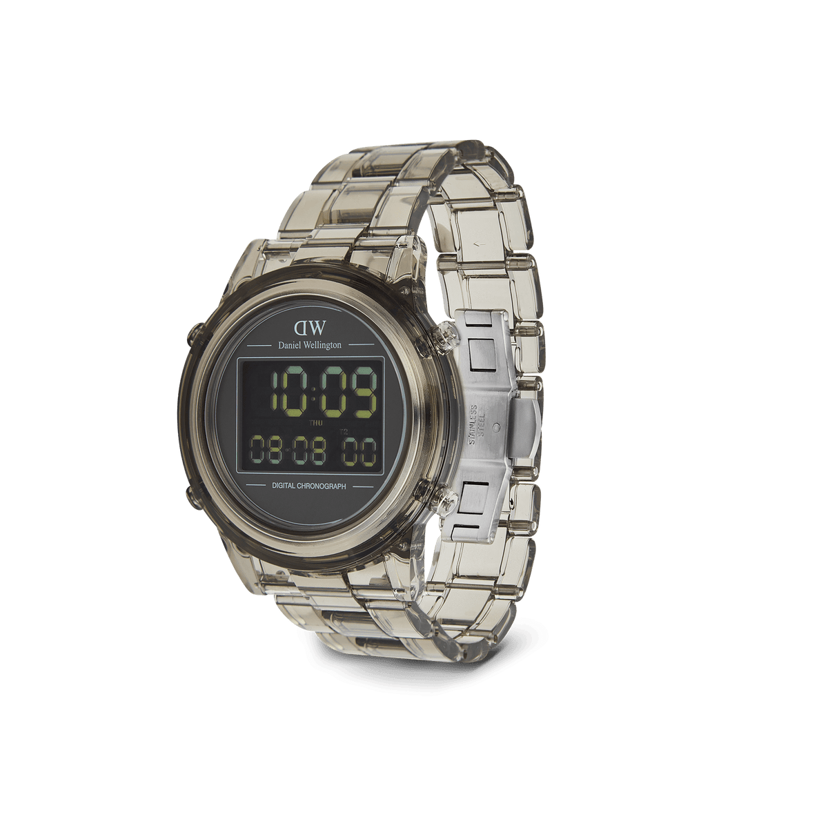 Daniel Wellington Retro Digital Light Grey watch with a transparent bio-based plastic case and strap, black digital dial, and stainless steel butterfly buckle.