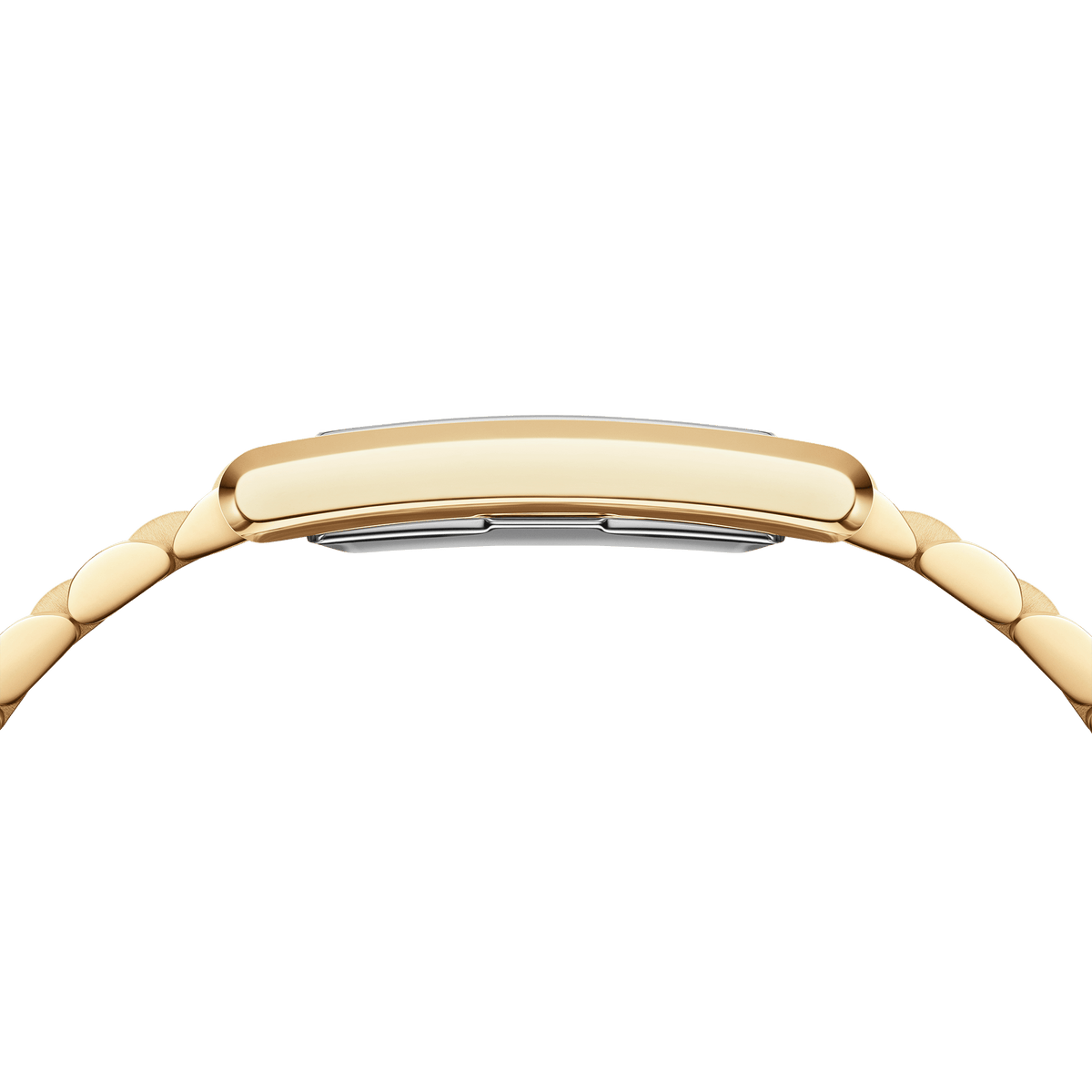 Side profile of the Bound 3-Link Gold watch showing its slim rectangular gold case and polished three-link bracelet.