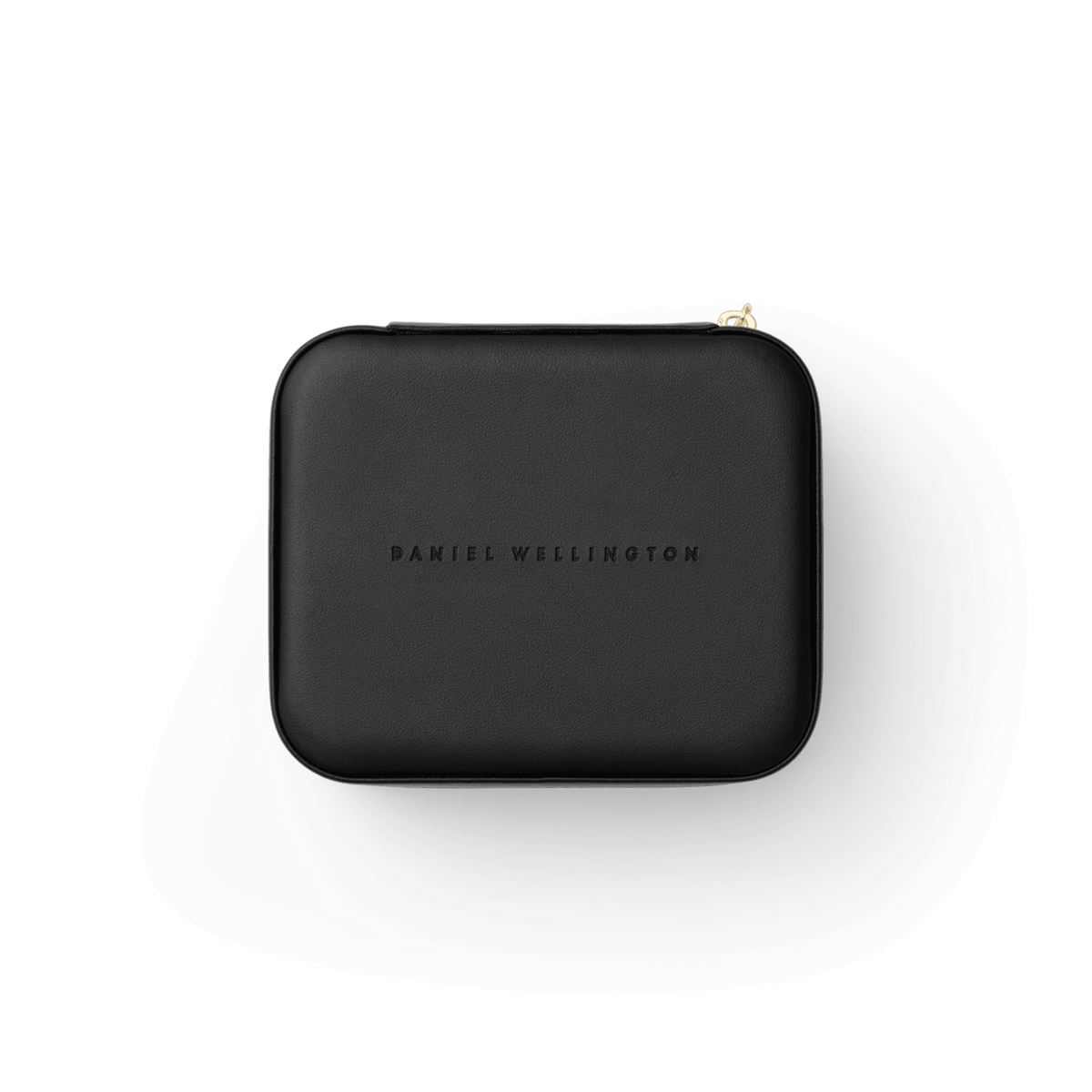 Black travel jewellery box with a gold zip and embossed Daniel Wellington logo, designed for secure and stylish accessory storage.
