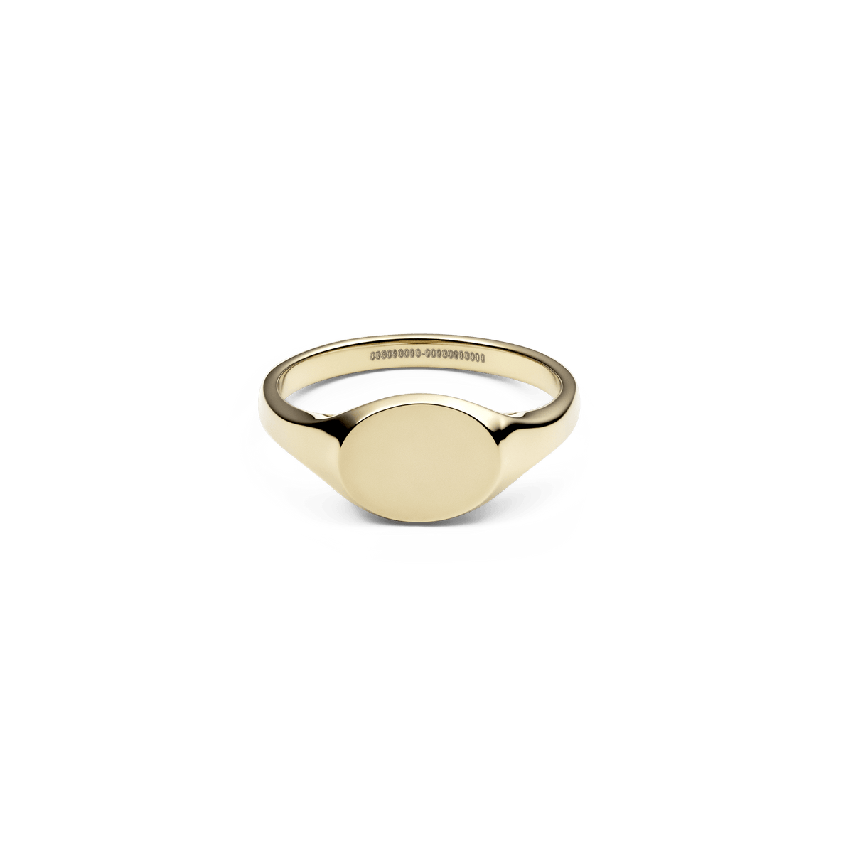 Polished gold-tone mini signet ring with a smooth, flat oval face and minimalist design, crafted from stainless steel with a warm PVD gold finish.