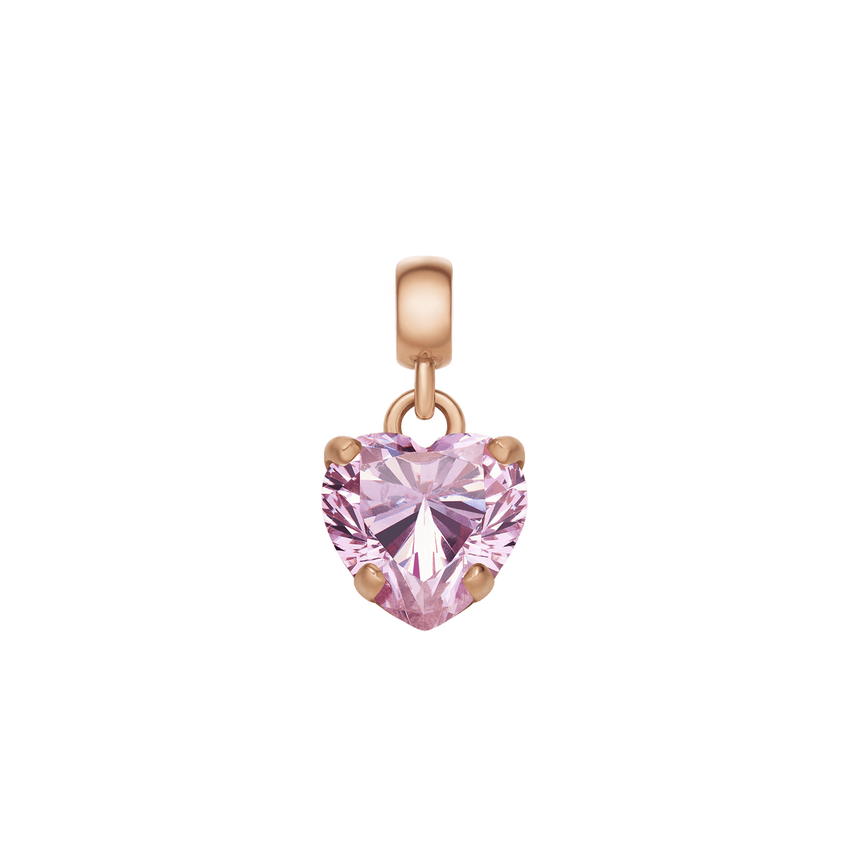 Heart-shaped pink crystal charm set in a rose gold-plated stainless steel frame, featuring a delicate claw setting and an adjustable clasp for easy attachment to bracelets or necklaces. The soft pink cubic zirconia sparkles, creating an elegant and romantic jewellery accent.