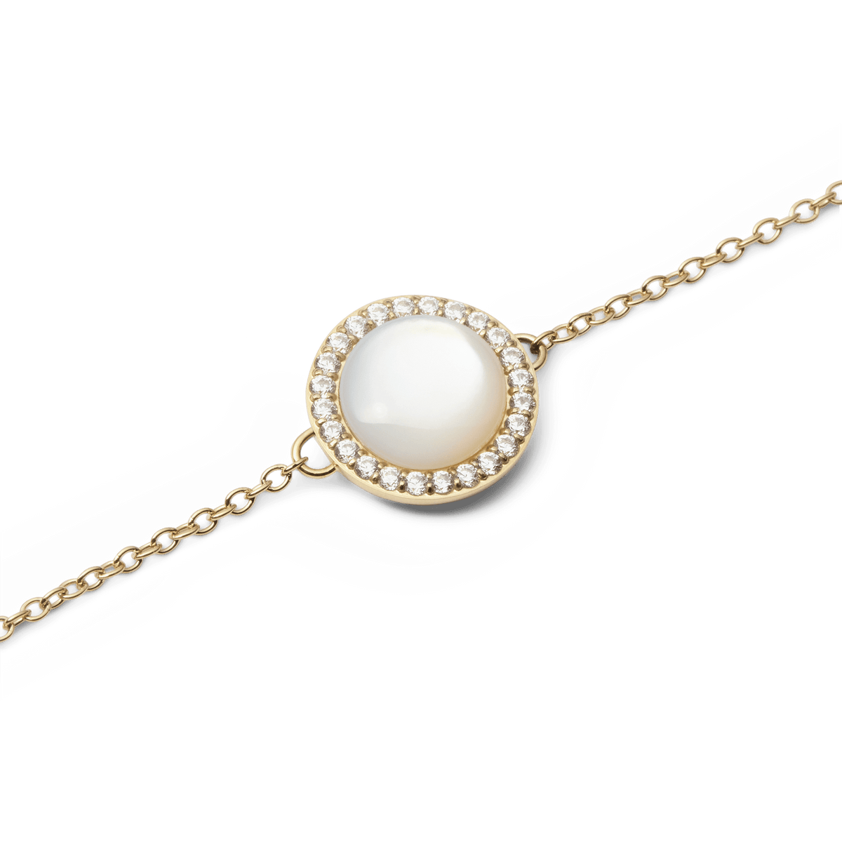 Close-up of Audrey Bracelet Mother of Pearl Gold featuring a domed mother of pearl charm with cubic zirconia and fine gold chain.