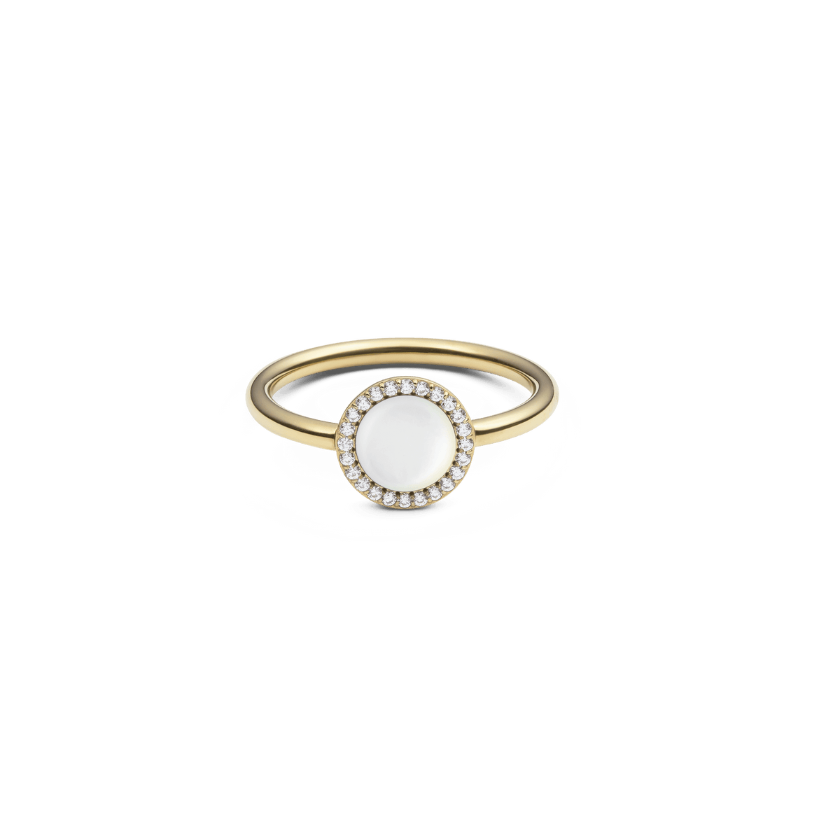 Gold ring with domed mother of pearl centre, surrounded by sparkling cubic zirconia, minimalist band design.