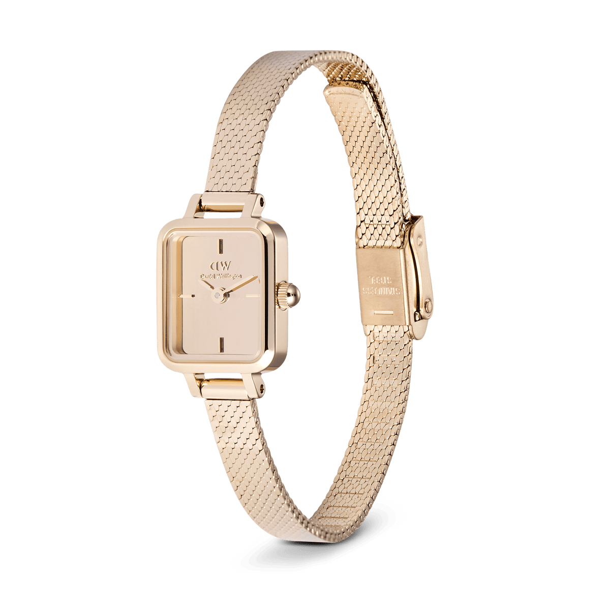Quadro Mini Reflection Rose Gold watch with a slim rectangular case, mirror glass dial, and a polished rose gold mesh strap featuring an adjustable clasp.