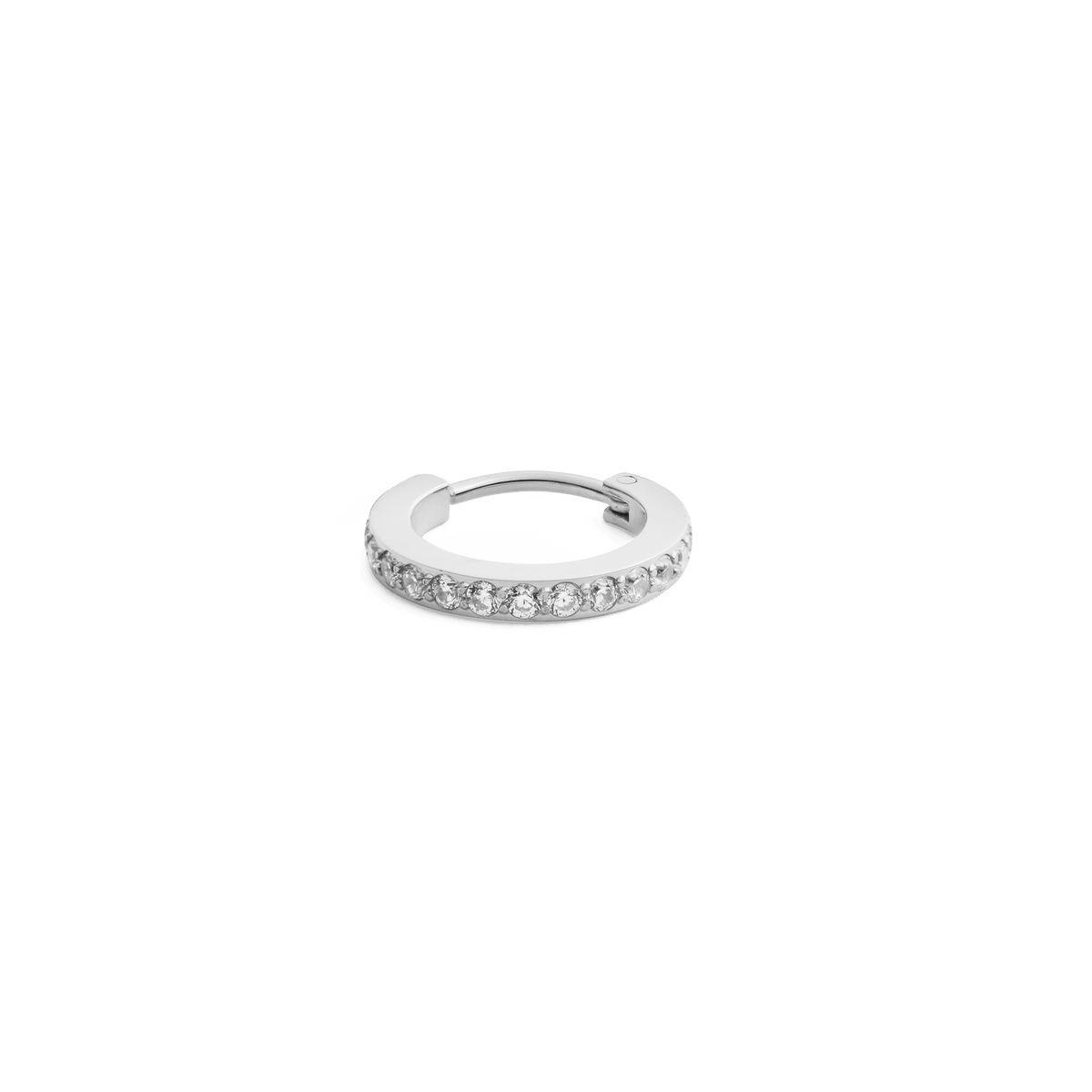 Polished silver hoop earring featuring a row of sparkling cubic zirconia crystals in a modern, minimal claw setting.