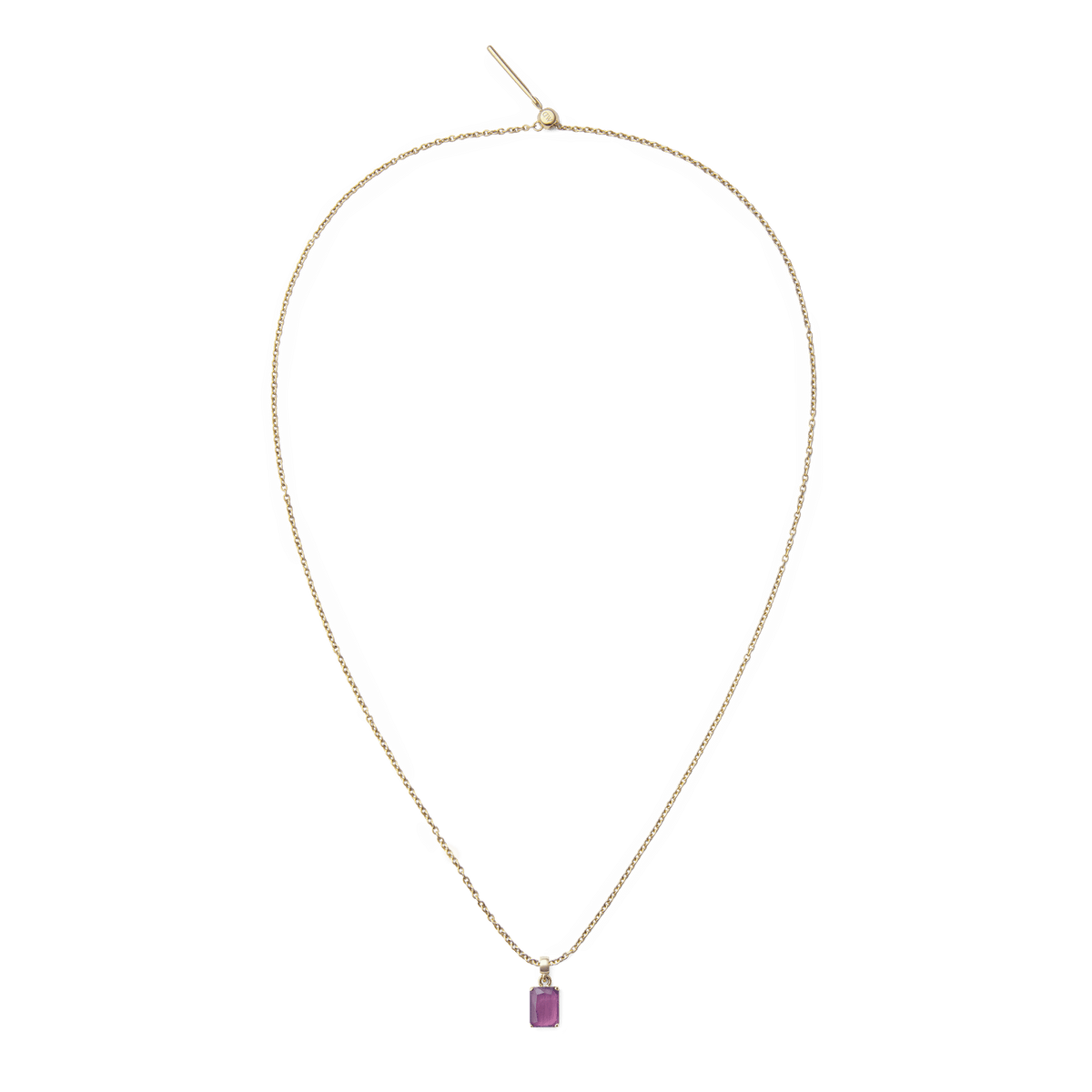 Delicate gold chain necklace with an octagonal amethyst charm, featuring a faceted purple gemstone and a polished gold-plated finish.